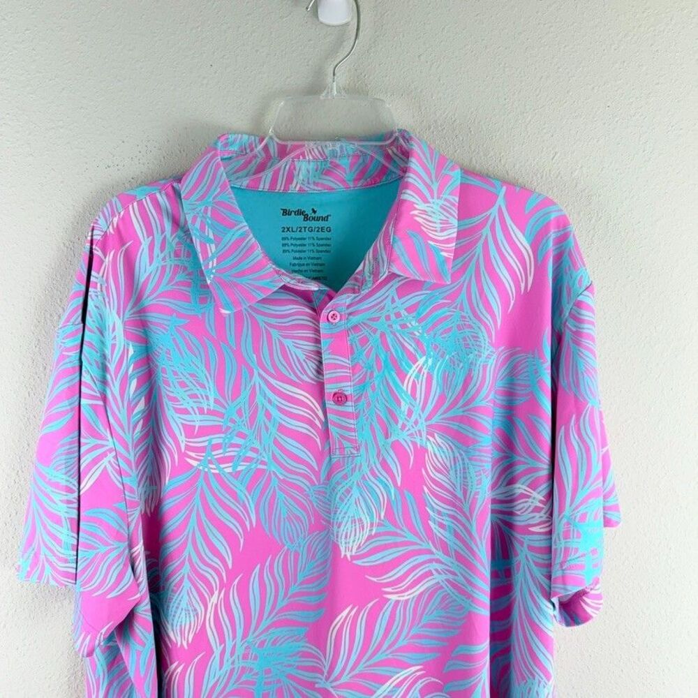 Birdie Bound 2XL Mens Polo Shirt Hot Pink Hibiscus Short Sleeve Performance Golf